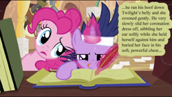 Size: 992x563 | Tagged: safe, screencap, character:pinkie pie, character:twilight sparkle, episode:it's about time, g4, my little pony: friendship is magic, clopfic, fanfic, future twilight, out of context, writing