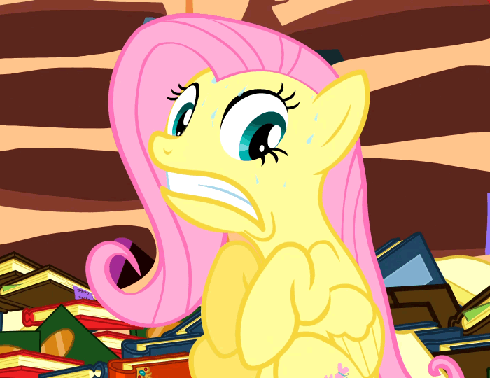 Size: 700x540 | Tagged: safe, screencap, character:fluttershy, episode:magic duel, g4, my little pony: friendship is magic, animated, animation error, dolly zoom, eye shimmer, fear, freakout, frown, golden oaks library, gritted teeth, interior, shivering, solo, sweat, trembling, vertigo, wide eyes