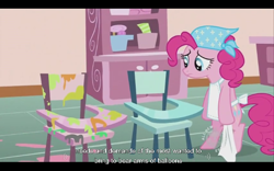 Size: 640x400 | Tagged: safe, screencap, character:pinkie pie, species:pony, episode:baby cakes, g4, my little pony: friendship is magic, bipedal, frown, hub logo, upset, youtube caption