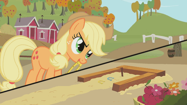 Size: 640x360 | Tagged: safe, screencap, character:applejack, episode:fall weather friends, g4, my little pony: friendship is magic, animated, animation error, eye reflection, game, horseshoes, mouth hold, reflection, ringer, solo, throwing, zoom
