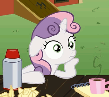 Size: 349x313 | Tagged: safe, screencap, character:sweetie belle, episode:ponyville confidential, g4, my little pony: friendship is magic, animated, coffee, coffee mug, cropped, floppy ears, hoof on chin, loop, mug, notepad, paper, pondering, solo, thinking
