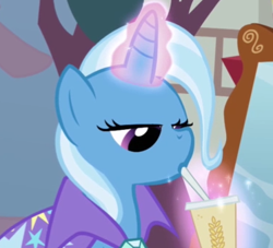 Size: 373x338 | Tagged: safe, screencap, character:trixie, species:pony, species:unicorn, episode:boast busters, g4, my little pony: friendship is magic, drink, hay smoothie, reaction image, solo