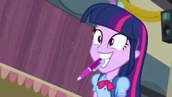 Size: 1920x1080 | Tagged: safe, screencap, character:twilight sparkle, character:twilight sparkle (alicorn), species:alicorn, species:pony, equestria girls:equestria girls, g4, my little pony:equestria girls, adorkable, awkward smile, backpack, balloon, bow tie, cute, dork, humans doing horse things, mouth drawing, mouth hold, pen, smiling, solo, stage, streamers, twiabetes