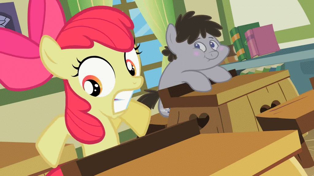 Size: 1024x576 | Tagged: safe, screencap, character:apple bloom, character:truffle shuffle, episode:family appreciation day, g4, my little pony: friendship is magic, animated, book, classroom, curtains, desk, eyebrows, nope, window