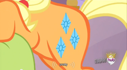 Size: 640x355 | Tagged: safe, screencap, character:applejack, episode:magical mystery cure, g4, my little pony: friendship is magic, meme, mlp-captions, solo, swapped cutie marks, youtube caption