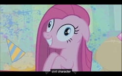 Size: 640x400 | Tagged: safe, screencap, character:pinkie pie, episode:party of one, g4, my little pony: friendship is magic, contemplating insanity, insanity face, irony, youtube caption