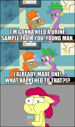 Size: 850x1437 | Tagged: safe, screencap, character:apple bloom, character:doctor muffin top, character:spike, episode:secret of my excess, g4, my little pony: friendship is magic, drink meme, exploitable meme, hippocrates, horse md, meme