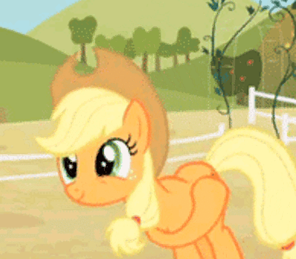 Size: 583x510 | Tagged: safe, screencap, character:applejack, episode:princess twilight sparkle, g4, my little pony: friendship is magic, season 4, animated, cute, fence, flank, jackabetes, solo, wiggle