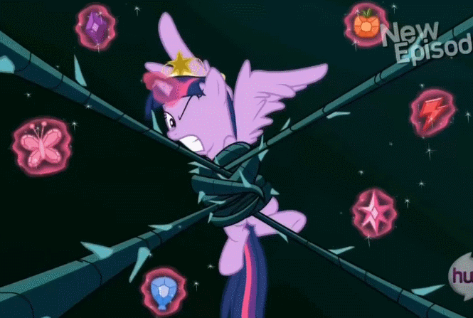Size: 665x447 | Tagged: safe, screencap, character:twilight sparkle, character:twilight sparkle (alicorn), species:alicorn, species:pony, episode:princess twilight sparkle, g4, my little pony: friendship is magic, animated, black vine, bondage, element of generosity, element of honesty, element of kindness, element of laughter, element of loyalty, element of magic, elements of harmony, female, gritted teeth, hub logo, mare, restrained, solo, spread wings, suspended, tentacles, tied up, wings, wink