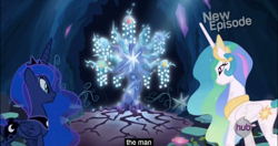 Size: 1152x606 | Tagged: safe, screencap, character:princess celestia, character:princess luna, character:tree of harmony, episode:princess twilight sparkle, g4, my little pony: friendship is magic, elements of harmony, meme, tree of harmony, youtube caption