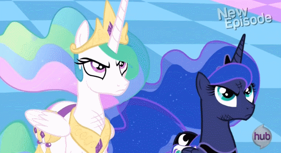 Size: 581x317 | Tagged: safe, screencap, character:princess celestia, character:princess luna, species:alicorn, species:pony, episode:princess twilight sparkle, g4, my little pony: friendship is magic, season 4, angry, animated, bruised, celestia is not amused, chestplate, crown, duo, ethereal mane, female, flashback, flowing mane, flowing tail, folded wings, galaxy mane, gif, glare, hub logo, jewelry, looking up, luna is not amused, mare, multicolored hair, plunder seeds, regalia, royal sisters, saddle bag, siblings, sisters, unamused