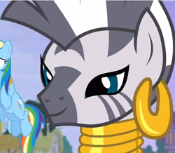 Size: 540x471 | Tagged: safe, screencap, character:rainbow dash, character:zecora, species:pony, species:zebra, episode:princess twilight sparkle, g4, my little pony: friendship is magic, cropped, ear piercing, earring, female, flashback potion, jewelry, mare, neck rings, piercing, reaction image, solo focus