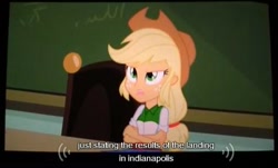 Size: 506x306 | Tagged: safe, screencap, character:applejack, my little pony:equestria girls, meme, solo, youtube caption