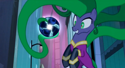 Size: 848x466 | Tagged: safe, screencap, character:mane-iac, species:pony, episode:power ponies, g4, my little pony: friendship is magic, season 4, antagonist, bipedal, electro orb, grin, smiling, solo, wide eyes