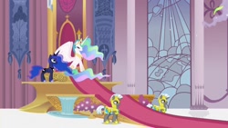 Size: 1200x675 | Tagged: safe, screencap, character:princess celestia, character:princess luna, opening, royal guard, stained glass, throne