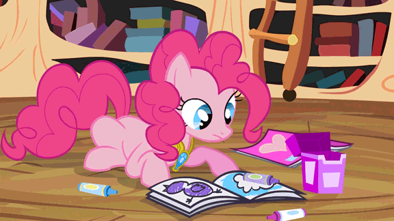 Size: 576x324 | Tagged: safe, screencap, character:pinkie pie, episode:princess twilight sparkle, g4, my little pony: friendship is magic, animated, coloring, coloring book, crayon, cute, diapinkes, element of laughter, grin, mouth hold, prone, smiling, solo, talking