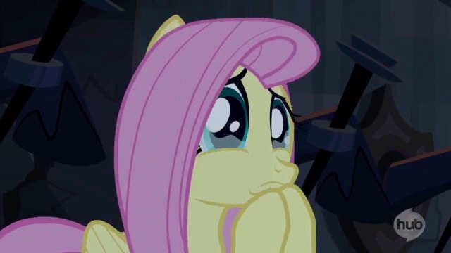 Size: 640x360 | Tagged: safe, screencap, character:fluttershy, species:pegasus, species:pony, episode:castle mane-ia, g4, my little pony: friendship is magic, animated, crying, cute, eye shimmer, female, fluttercry, frown, hoof over mouth, hooves together, hub logo, hubble, mare, pouting, sad, sadorable, shyabetes, solo