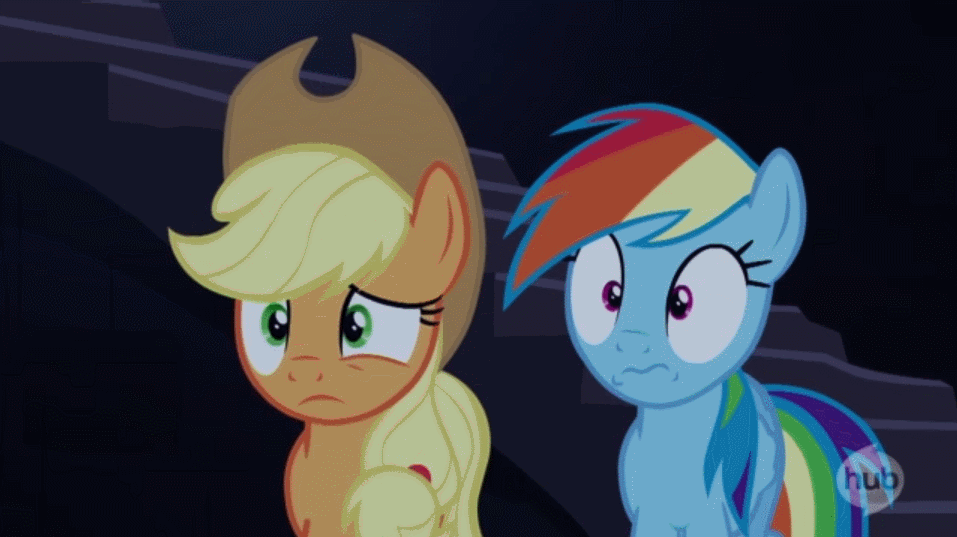 Size: 957x537 | Tagged: safe, screencap, character:applejack, character:rainbow dash, episode:castle mane-ia, g4, my little pony: friendship is magic, animated, clothing, cowboy hat, cute, dashabetes, floppy ears, frown, gritted teeth, hat, hub logo, hubble, scared, stairs, stetson, talking, the hub, walking, wing hands