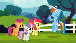 Size: 1920x1080 | Tagged: safe, screencap, character:apple bloom, character:rainbow dash, character:scootaloo, character:sweetie belle, species:pegasus, species:pony, episode:flight to the finish, g4, my little pony: friendship is magic, clothing, coach, cutie mark crusaders, hat, wallpaper, whistle