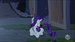 Size: 724x407 | Tagged: safe, screencap, character:rarity, episode:castle mane-ia, g4, my little pony: friendship is magic, season 4, derp, faec, hoers, hub logo, hubble, solo, tongue out