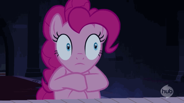 Size: 640x360 | Tagged: safe, screencap, character:pinkie pie, episode:castle mane-ia, g4, my little pony: friendship is magic, animated, frightened, hub logo, hubble, scared, shivering, solo, the hub