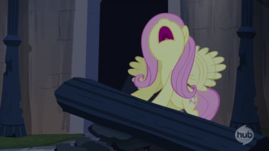 Size: 863x483 | Tagged: safe, screencap, character:fluttershy, episode:castle mane-ia, g4, my little pony: friendship is magic, animated, buzzing wings, flapping, flying, hub logo, hubble, hummingbird, nose in the air, panic, pillar, solo, talking, volumetric mouth, worried, worry
