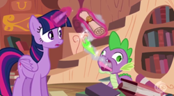 Size: 706x392 | Tagged: safe, screencap, character:spike, character:twilight sparkle, character:twilight sparkle (alicorn), species:alicorn, species:pony, episode:castle mane-ia, g4, my little pony: friendship is magic, book, burp, derp, dragon mail, dragonfire, faec, female, fire, golden oaks library, green fire, hub logo, hubble, library, magic, mare, scroll, telekinesis