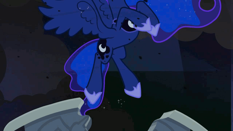 Size: 960x540 | Tagged: safe, screencap, character:princess luna, species:alicorn, species:pony, episode:princess twilight sparkle, g4, my little pony: friendship is magic, season 4, animated, birth of nightmare moon, castle, castle of the royal pony sisters, chestplate, corrupted, crown, dark magic, darkness, dilated pupils, ethereal mane, eyes closed, eyeshadow, female, flashback, floating, flowing mane, glowing horn, gritted teeth, hoof shoes, horrified, jewelry, looking up, magic, makeup, mare, open mouth, pain, regalia, sin of envy, solo, spread wings, transformation, wings