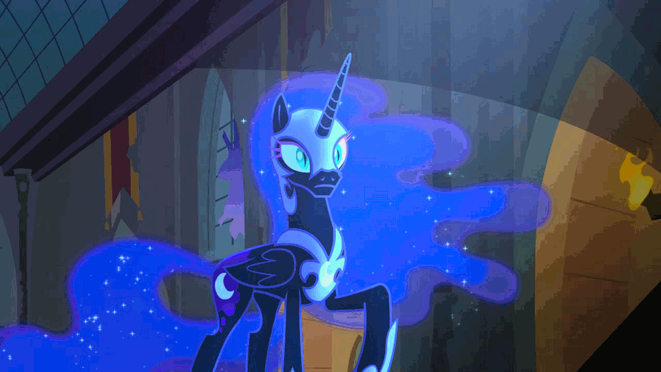 Size: 960x540 | Tagged: safe, screencap, character:nightmare moon, character:princess luna, episode:princess twilight sparkle, g4, my little pony: friendship is magic, season 4, animated, castle, castle of the royal pony sisters, flashback, large ham, solo