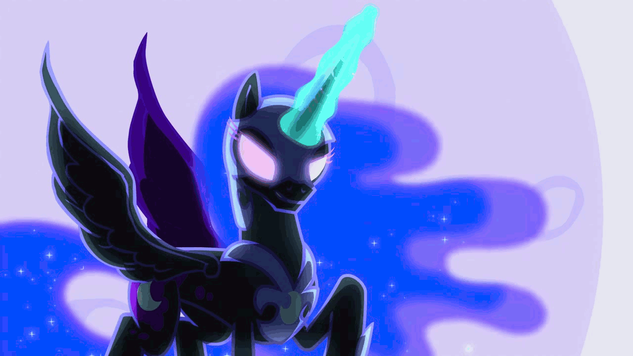 Size: 1280x720 | Tagged: safe, screencap, character:nightmare moon, character:princess luna, episode:princess twilight sparkle, g4, my little pony: friendship is magic, season 4, animated, flashback, laughing, levitation, magic, moon, nose in the air, solo, volumetric mouth