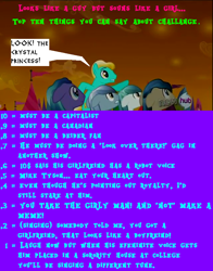 Size: 640x816 | Tagged: safe, screencap, character:bright smile, character:crystal arrow, character:ivory, character:ivory rook, species:crystal pony, species:pony, image macro, meme, night knight, op is a duck, rubinstein, text