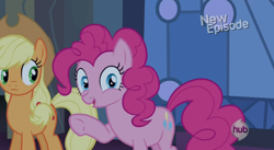Size: 846x465 | Tagged: safe, screencap, character:applejack, character:pinkie pie, episode:castle mane-ia, g4, my little pony: friendship is magic, faec, hub logo, hubble, looking at you