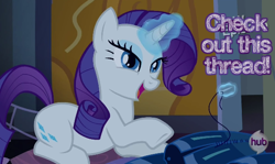 Size: 580x346 | Tagged: safe, screencap, character:rarity, episode:castle mane-ia, g4, my little pony: friendship is magic, caption, image macro, magic, pun, reaction image, sewing, solo, string, telekinesis, text, thread