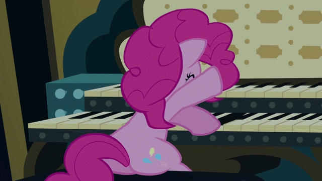Size: 640x360 | Tagged: safe, screencap, character:pinkie pie, episode:castle mane-ia, g4, my little pony: friendship is magic, animated, bouncing, eyes closed, happy, keyboard, loop, musical instrument, organ, organ to the outside, playing, plot, smiling, solo, song of my people