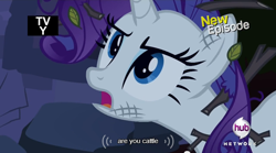 Size: 640x355 | Tagged: safe, screencap, character:rarity, species:cow, episode:castle mane-ia, g4, my little pony: friendship is magic, hub logo, hub network, hubble, leaves, meme, mlp-captions, solo, species swap, the hub, tv rating, youtube caption
