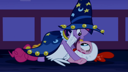 Size: 999x562 | Tagged: safe, screencap, character:pinkie pie, character:twilight sparkle, episode:luna eclipsed, g4, my little pony: friendship is magic, animal costume, chicken pie, chicken suit, clothing, costume, lidded eyes, on top, out of context