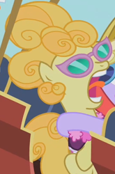 Size: 267x405 | Tagged: safe, screencap, species:earth pony, species:pony, episode:the mysterious mare do well, g4, my little pony: friendship is magic, background pony, female, glasses, lemon chiffon, mare, maybelline, screaming, solo, tongue out, yelling