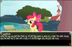 Size: 1026x679 | Tagged: safe, screencap, character:apple bloom, a foal's errand, bench, filly gamez, game, outdoors, solo, text, visual novel