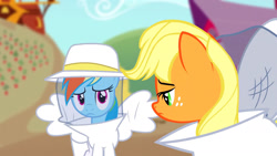 Size: 1280x720 | Tagged: safe, screencap, character:applejack, character:rainbow dash, episode:castle mane-ia, g4, my little pony: friendship is magic, beekeeper, looking at you
