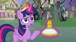 Size: 1280x720 | Tagged: safe, screencap, character:twilight sparkle, character:twilight sparkle (alicorn), species:alicorn, species:pony, episode:princess twilight sparkle, g4, my little pony: friendship is magic, big crown thingy, black vine, element of magic, female, flashback potion, frown, looking at you, magic, mare, open mouth, raised eyebrow, raised hoof, solo, telekinesis