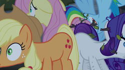 Size: 1920x1080 | Tagged: safe, screencap, character:applejack, character:fluttershy, character:rainbow dash, character:rarity, episode:castle mane-ia, g4, my little pony: friendship is magic, butt bump, butt to butt, butt touch, out of context