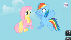 Size: 580x325 | Tagged: safe, screencap, character:fluttershy, character:rainbow dash, species:pegasus, species:pony, episode:daring don't, g4, my little pony: friendship is magic, cute, fangirl, female, flying, happy, hub logo, hubble, link, looking at each other, mare, shyabetes, smiling, spread wings, wings