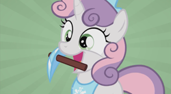 Size: 873x480 | Tagged: safe, artist:jan, screencap, character:sweetie belle, species:pony, species:unicorn, cute, diasweetes, don't mine at night, female, filly, happy, minecraft, open mouth, pickaxe, smiling, solo