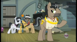 Size: 500x272 | Tagged: safe, screencap, character:daring do, character:doctor caballeron, species:earth pony, species:pony, episode:daring don't, g4, my little pony: friendship is magic, clothing, hat, hub logo, hubble, male, rings of scorchero, stallion, sunglasses