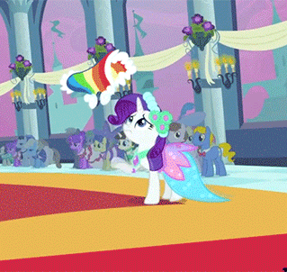 Size: 319x302 | Tagged: safe, screencap, character:bruce mane, character:eclair créme, character:fine line, character:north star (g4), character:perfect pace, character:rarity, character:star gazer, episode:a canterlot wedding, g4, my little pony: friendship is magic, animated, bridesmaid dress, clothing, cropped, dress, masquerade, mouth hold, solo focus