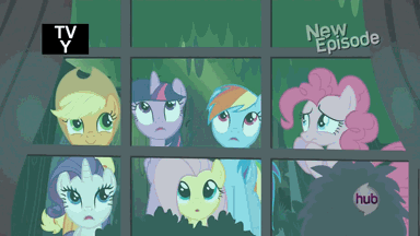 Size: 384x216 | Tagged: safe, screencap, character:applejack, character:daring do, character:fluttershy, character:pinkie pie, character:rainbow dash, character:rarity, character:twilight sparkle, character:twilight sparkle (alicorn), species:alicorn, species:earth pony, species:pegasus, species:pony, species:unicorn, episode:daring don't, g4, my little pony: friendship is magic, animated, hub logo, hubble, mane six, ring, rings of scorchero, the hub