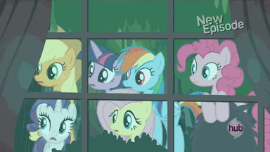 Size: 384x216 | Tagged: safe, screencap, character:applejack, character:biff, character:daring do, character:fluttershy, character:pinkie pie, character:rainbow dash, character:rarity, character:rogue, character:twilight sparkle, character:twilight sparkle (alicorn), character:withers, species:alicorn, species:earth pony, species:pegasus, species:pony, species:unicorn, episode:daring don't, g4, my little pony: friendship is magic, animated, female, henchmen, hub logo, hubble, mane six, mare, observer, ring, rings of scorchero, the hub, window