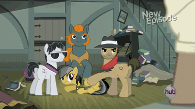 Size: 384x216 | Tagged: safe, screencap, character:daring do, character:doctor caballeron, character:rogue, episode:daring don't, g4, my little pony: friendship is magic, animated, henchmen, hub logo, hubble, the hub