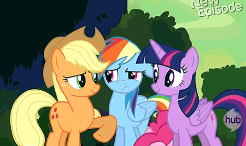 Size: 500x296 | Tagged: safe, screencap, character:applejack, character:pinkie pie, character:rainbow dash, character:rarity, character:twilight sparkle, character:twilight sparkle (alicorn), species:alicorn, species:earth pony, species:pegasus, species:pony, species:unicorn, episode:daring don't, g4, my little pony: friendship is magic, season 4, animated, cute, hape, hoofy-kicks, hub logo, hug, nuzzling, rainbow dash is not amused, rainbow douche, unamused
