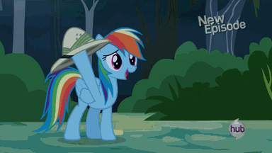 Size: 384x216 | Tagged: safe, screencap, character:rainbow dash, episode:daring don't, g4, my little pony: friendship is magic, animated, clothing, hat, hub logo, hubble, pith helmet, solo, the hub
